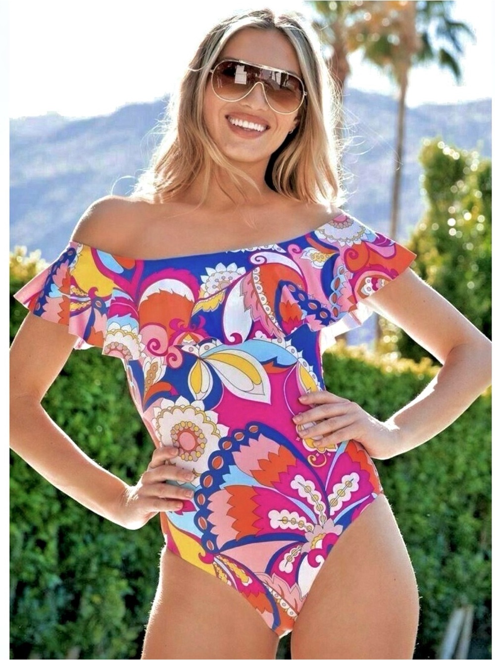 Trina Turk Sevilla Off-the-Shoulder One-Piece Swimsuit colorful ruffles comfy 6